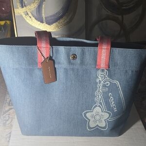 Coach Largr  Denim Tote with Pink Straps and Charm Print